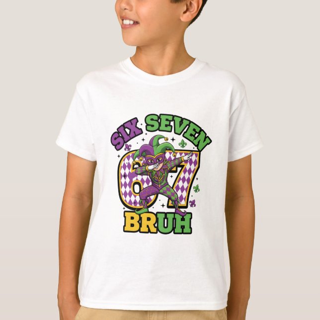 Mardi Gras Kids Dabbing Jester Six Seven Bruh T-Shirt (Front)