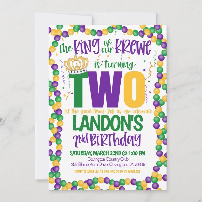Mardi Gras King Second Birthday Invitation (Front)
