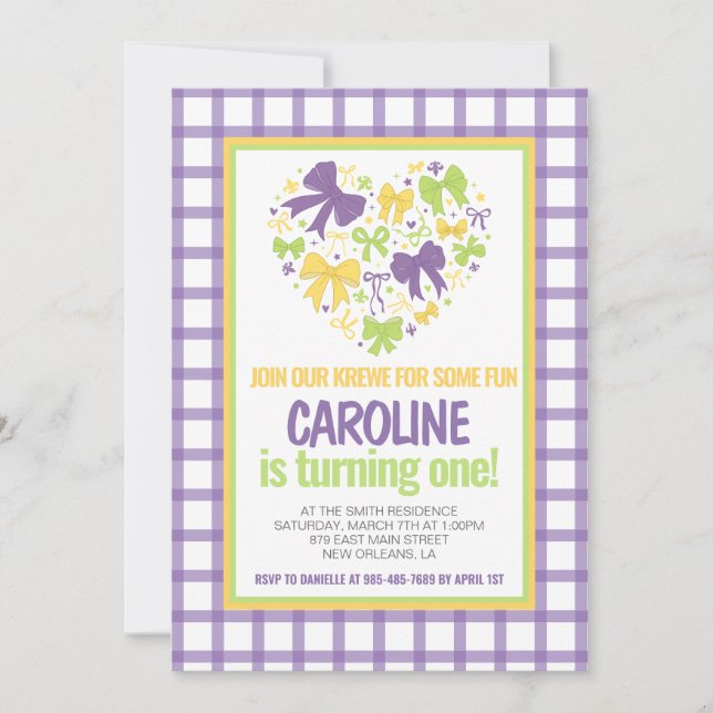 Mardi Gras Krewe Coquette Bow  First Birthday Invitation (Front)