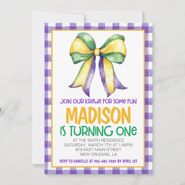 Mardi Gras Krewe Coquette Bow First Birthday Invitation (Front)