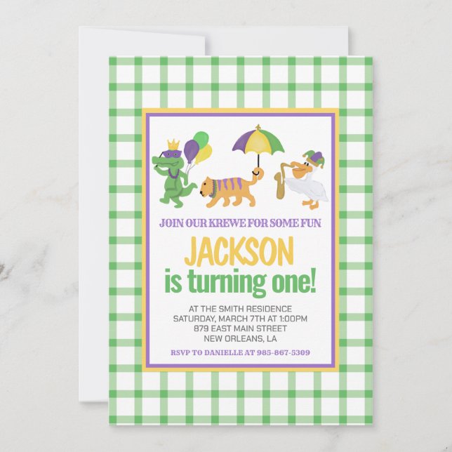 Mardi Gras Krewe Cute Parade First Birthday Invitation (Front)