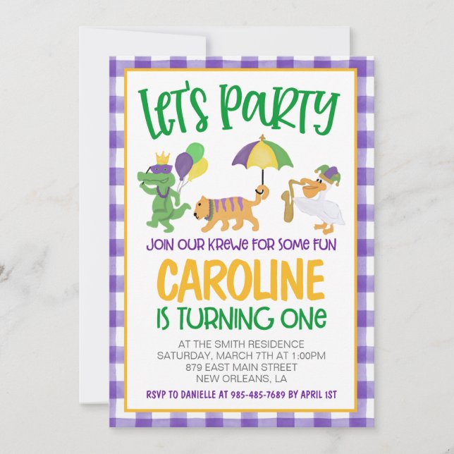Mardi Gras Krewe First Birthday Invitation (Front)