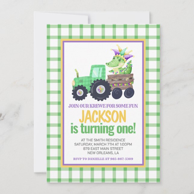 Mardi Gras Krewe Gator Tractor Cake First Birthday Invitation (Front)