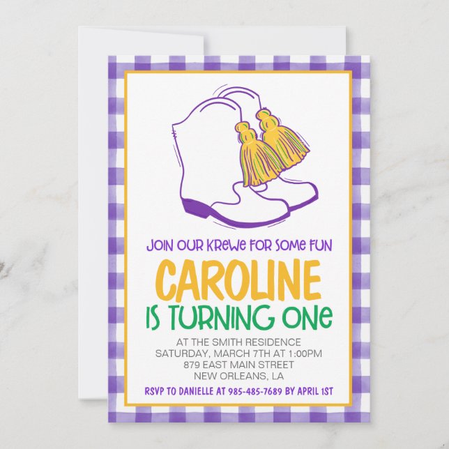 Mardi Gras Krewe Marching Boots First Birthday Invitation (Front)