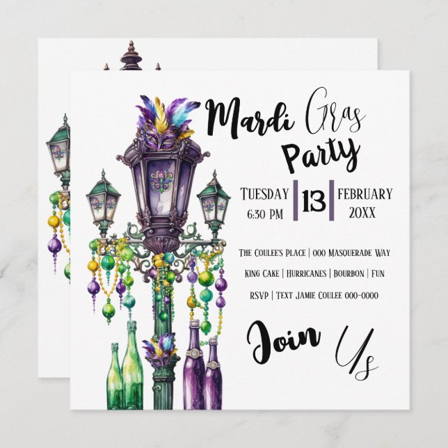 Mardi Gras Lamp Post and Beads Party Invitation (Front/Back)