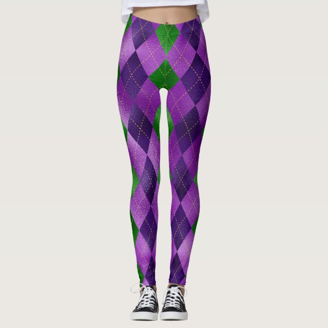 Mardi Gras Leggings, Mardi Gras Argyle Pattern Leggings (Front)
