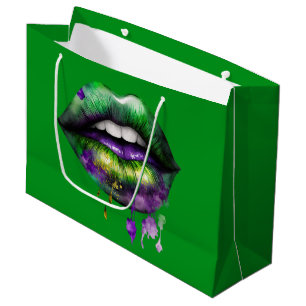 MARDI GRAS LIPS IN PURPLE GOLD GREEN LARGE GIFT BAG