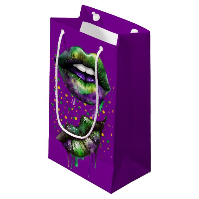 MARDI GRAS LIPS IN PURPLE GOLD GREEN  SMALL GIFT BAG (Front Angled)