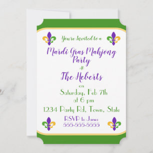 Mardi Gras MAHJONG Green Gold Purple Fleur de Lis Invitation