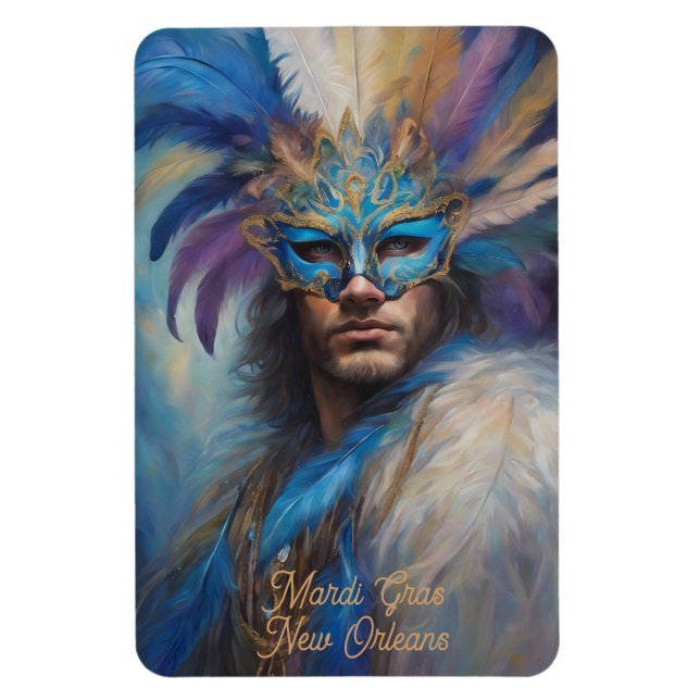 Mardi Gras Man In Feather Headdress Mask Text Magnet (Vertical)
