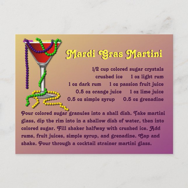 Mardi Gras Martini Recipe Postcard (Front)