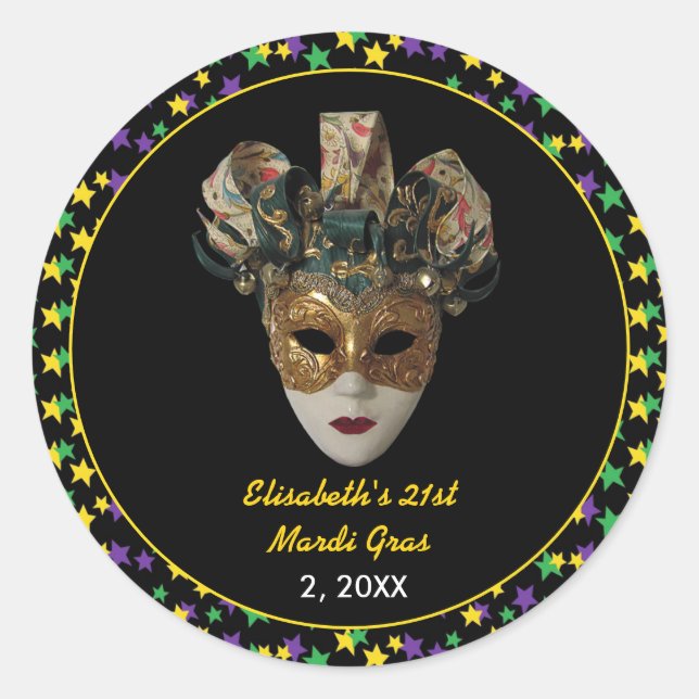 Mardi Gras Mask  21st Birthday Party Classic Round Sticker (Front)