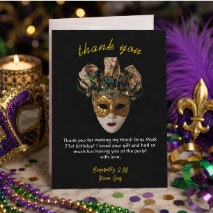 Mardi Gras Mask 21st Birthday Party Thank You Card