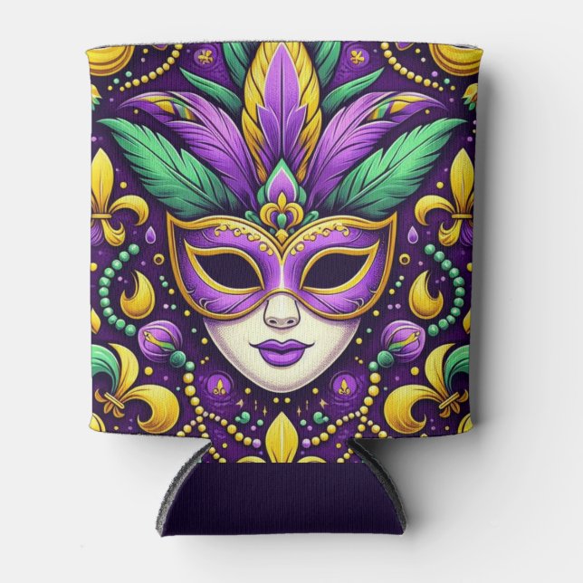 Mardi Gras mask/beads/fleur de lis Can Cooler (Front)