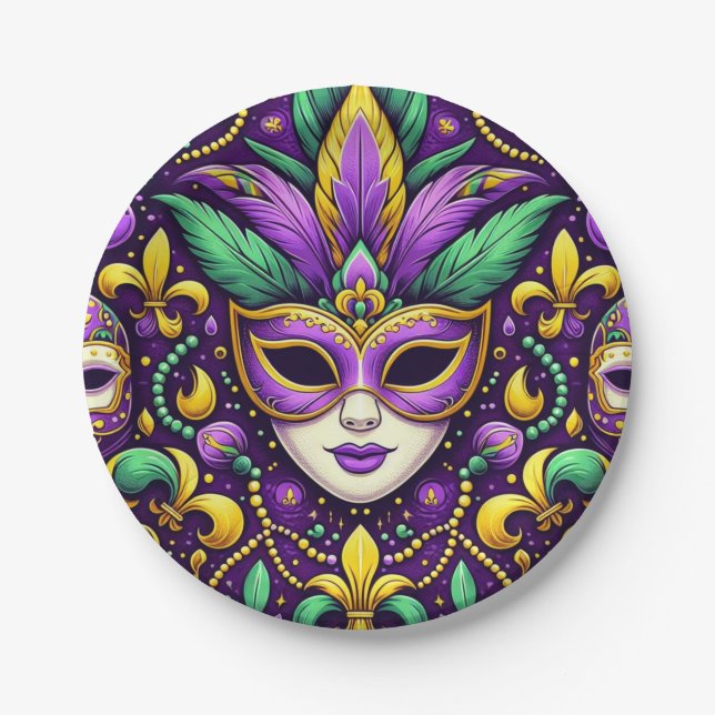 Mardi Gras mask/beads/fleur de lis Paper Plate (Front)