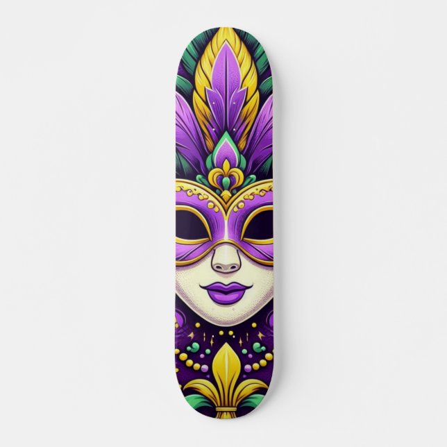 Mardi Gras mask/beads/fleur de lis Skateboard (Front)
