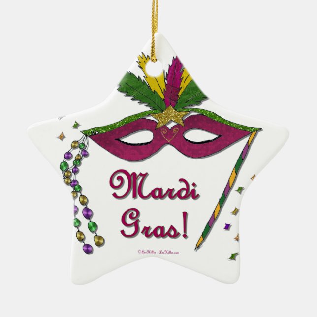 Mardi Gras Mask Feather Beads Ceramic Tree Decoration (Front)