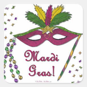 Mardi Gras Mask Feather Beads Square Sticker