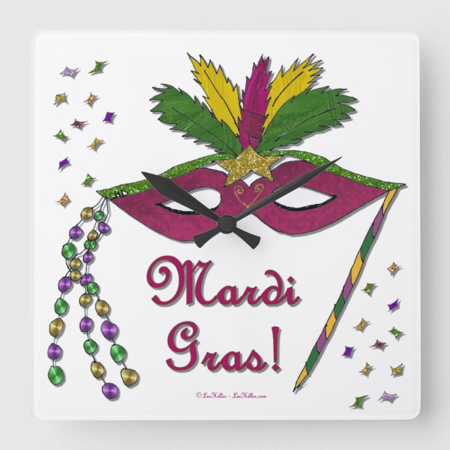 Mardi Gras Mask Feather Beads Square Wall Clock (Front)