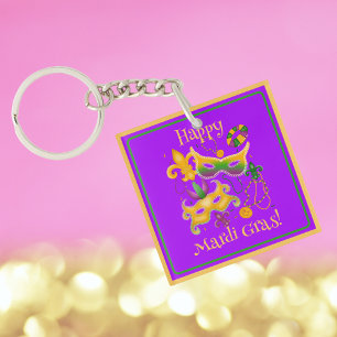 Mardi Gras Mask Fleur de Lis Beads King Cake Key Ring