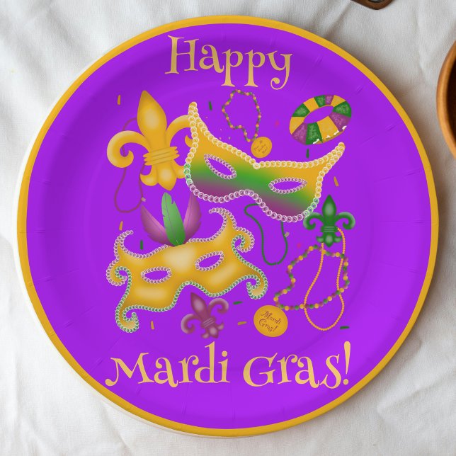 Mardi Gras Mask Fleur de Lis Beads King Cake Paper Plate (Creator Uploaded)