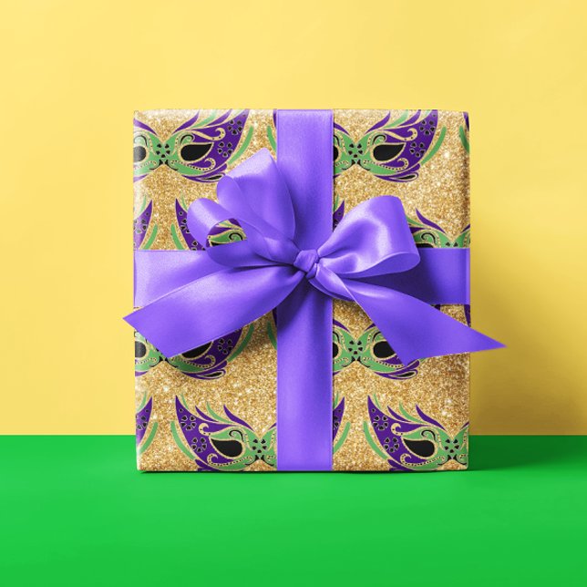Mardi Gras Mask Green Purple Gold Yellow Wrapping Paper (Creator Uploaded)