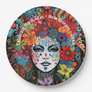 Mardi Gras Mask & Headdress Custom Text Party Paper Plate