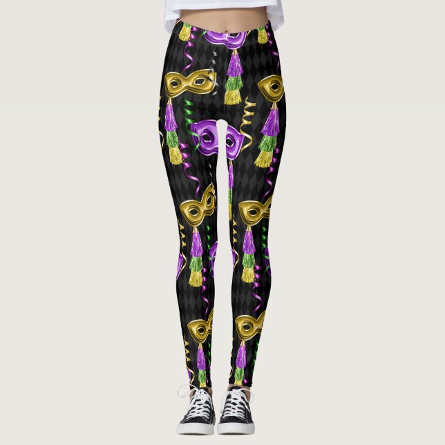 Mardi Gras Mask Pattern Gold Purple Leggings (Front)