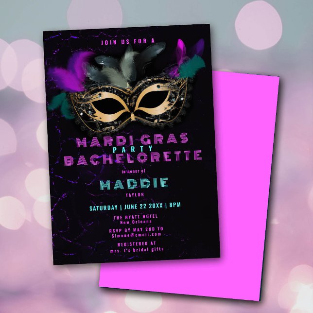 Mardi Gras Mask Pink Neon Nola Bachelorette Party Invitation (Creator Uploaded)