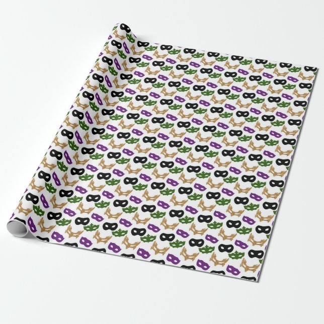 Mardi Gras Mask Purple Green Faux Gold Black Wrapping Paper (Unrolled)