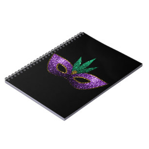 Mardi Gras Mask Purple Green Gold Sparkles black Spiral Notebook