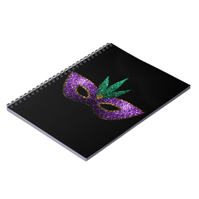 Mardi Gras Mask Purple Green Gold Sparkles black Spiral Notebook (Left Side)