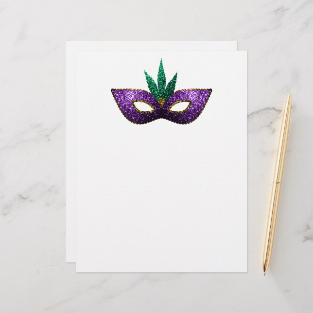 Mardi Gras Mask Purple Green Gold Sparkles paper (Front/Back In Situ)