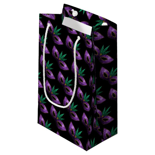 Mardi Gras Mask Purple Green Gold Sparkles pattern Small Gift Bag (Front Angled)