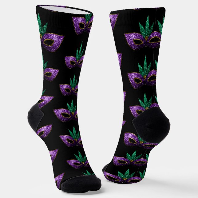 Mardi Gras Mask Purple Green Gold Sparkles pattern Socks (Angled)