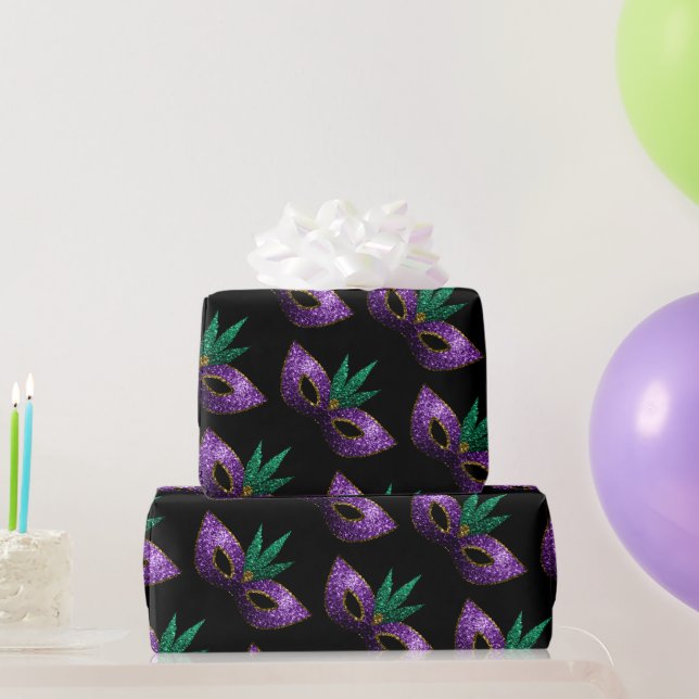 Mardi Gras Mask Purple Green Gold Sparkles pattern Wrapping Paper (Party Gifts)