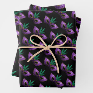Mardi Gras Mask Purple Green Gold Sparkles pattern Wrapping Paper Sheet
