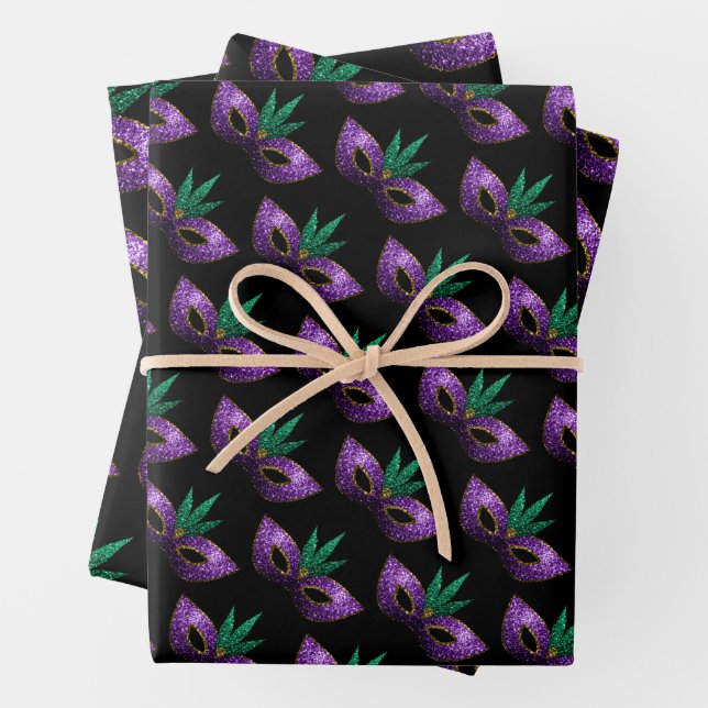Mardi Gras Mask Purple Green Gold Sparkles pattern Wrapping Paper Sheet (In situ)