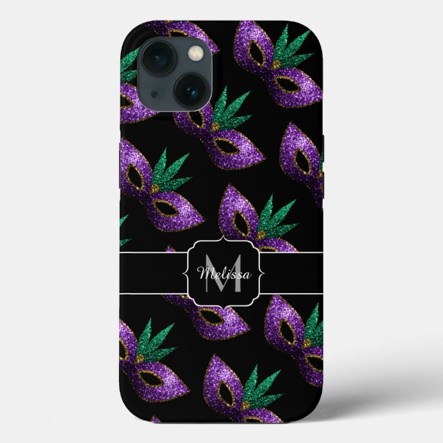 Mardi Gras Mask Purple Green Sparkles Monogram Case-Mate iPhone Case (Back)