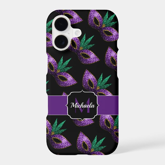Mardi Gras Mask Purple Green Sparkles Monogram iPhone Case (Back)