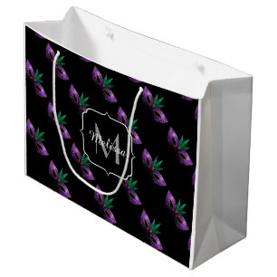 Mardi Gras Mask Purple Green Sparkles Monogram Large Gift Bag