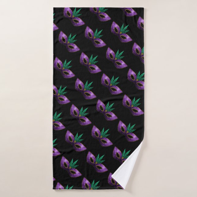 Mardi Gras Mask Purple Green Sparkles pattern Bath Towel (Bath Towel)
