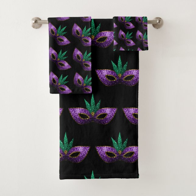 Mardi Gras Mask Purple Green Sparkles pattern Bath Towel Set (Insitu)