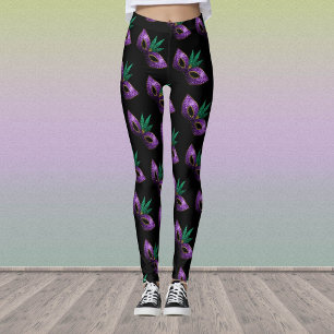 Mardi Gras Mask Purple Green Sparkly pattern black Leggings