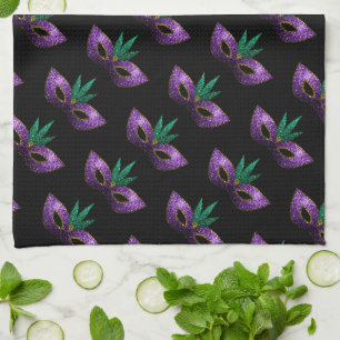 Mardi Gras Mask Purple Sparkles pattern black Tea Towel