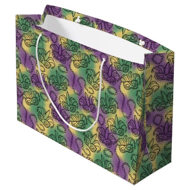 Mardi Gras Masks and Beads Doodle Art Style Large Gift Bag (Back Angled)