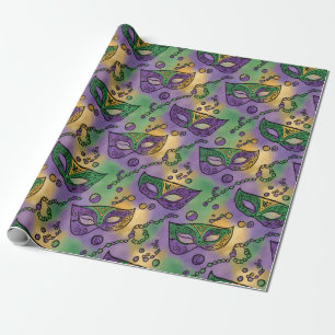 Mardi Gras Masks and Beads Purple Green Yellow Wrapping Paper