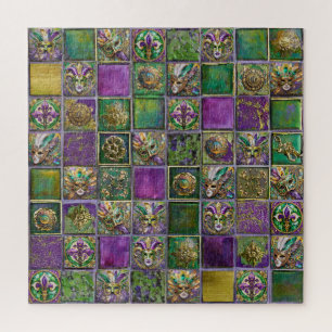 Mardi Gras Masks Feathers Fleur de lis Tile Print Jigsaw Puzzle