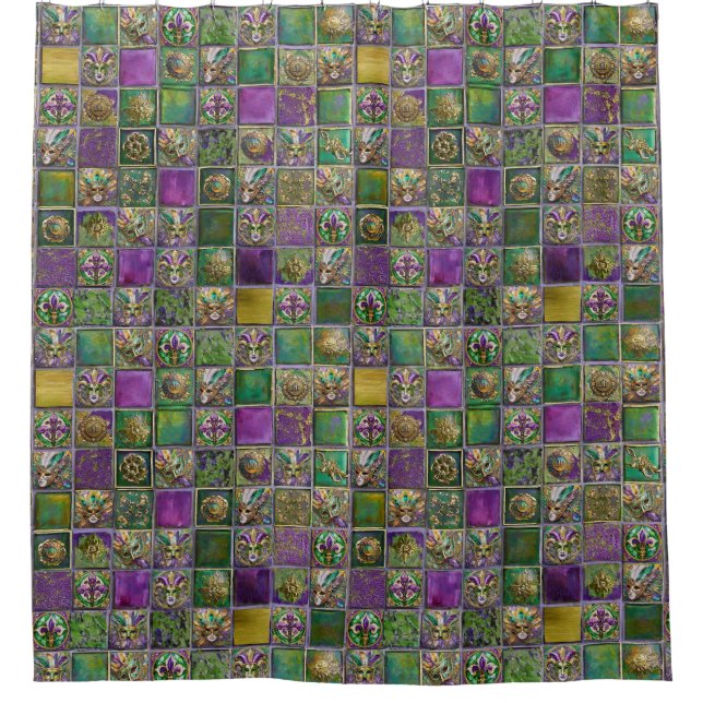 Mardi Gras Masks Feathers Fleur de lis Tile Print Shower Curtain (Front)