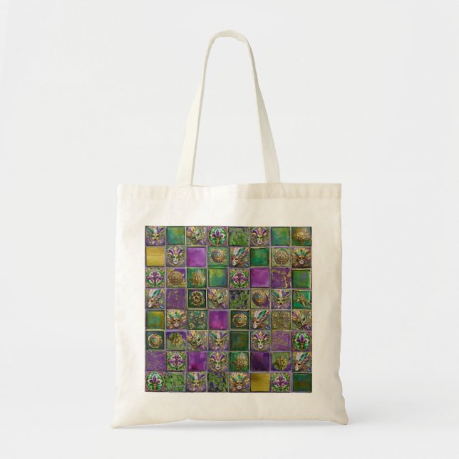 Mardi Gras Masks Feathers Fleur de lis Tile Print Tote Bag (Front)